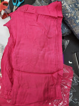 Pure russian silk with beautiful Patra mirror,gotta patti and resham embroidery on neck with tuscons ,gotta lace on ghera and sleeves, pure organza duppta with beautiful gotta patti and mirror handwork embroidery on duppta with print border