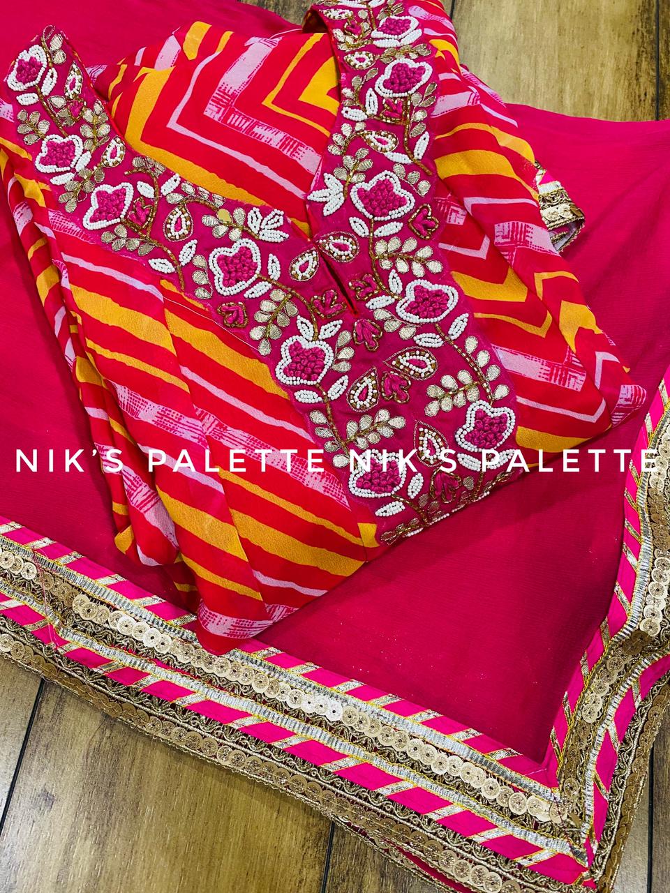 Premium Georgette pahariya print gown with lace  paired with Shiffon dupatta  Heavy work on yoke