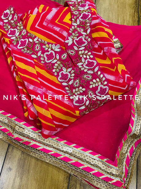 Premium Georgette pahariya print gown with lace  paired with Shiffon dupatta  Heavy work on yoke