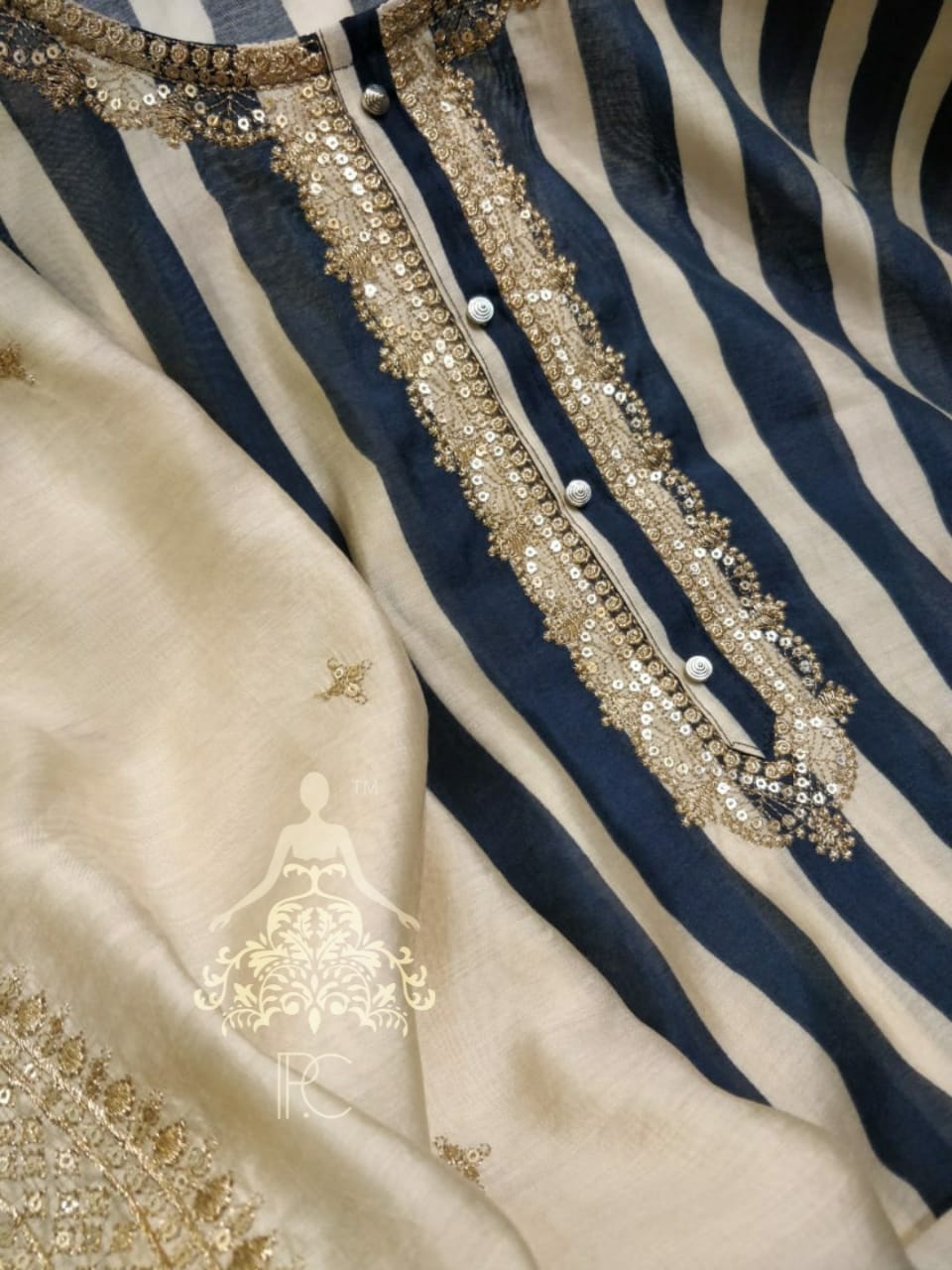 Muslin Printed Shirt with Neck Work & Gota Detailing  ✔️Muslin Embroidered Dupatta with Sequins Work & Gota Detailing  ✔️Shantoon Bottom