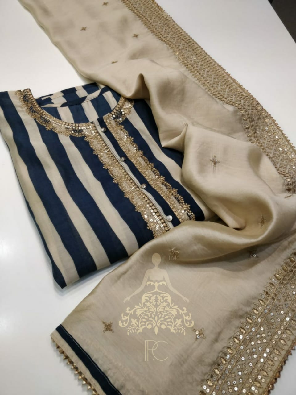 Muslin Printed Shirt with Neck Work & Gota Detailing  ✔️Muslin Embroidered Dupatta with Sequins Work & Gota Detailing  ✔️Shantoon Bottom