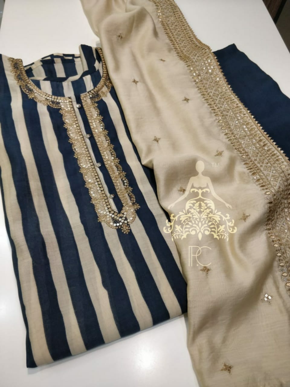 Muslin Printed Shirt with Neck Work & Gota Detailing  ✔️Muslin Embroidered Dupatta with Sequins Work & Gota Detailing  ✔️Shantoon Bottom