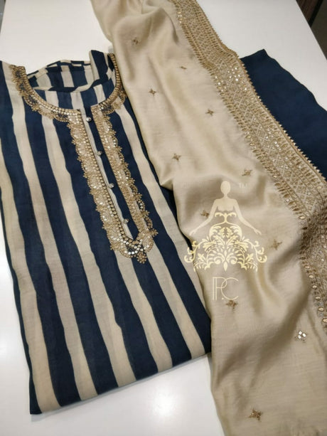 Muslin Printed Shirt with Neck Work & Gota Detailing  ✔️Muslin Embroidered Dupatta with Sequins Work & Gota Detailing  ✔️Shantoon Bottom