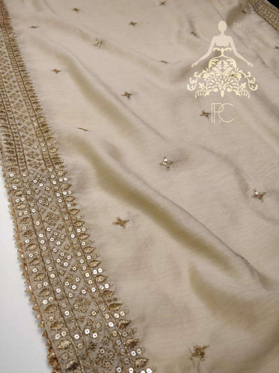 Muslin Printed Shirt with Neck Work & Gota Detailing  ✔️Muslin Embroidered Dupatta with Sequins Work & Gota Detailing  ✔️Shantoon Bottom