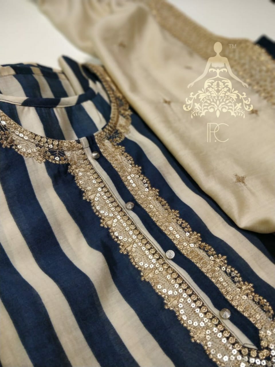 Muslin Printed Shirt with Neck Work & Gota Detailing  ✔️Muslin Embroidered Dupatta with Sequins Work & Gota Detailing  ✔️Shantoon Bottom