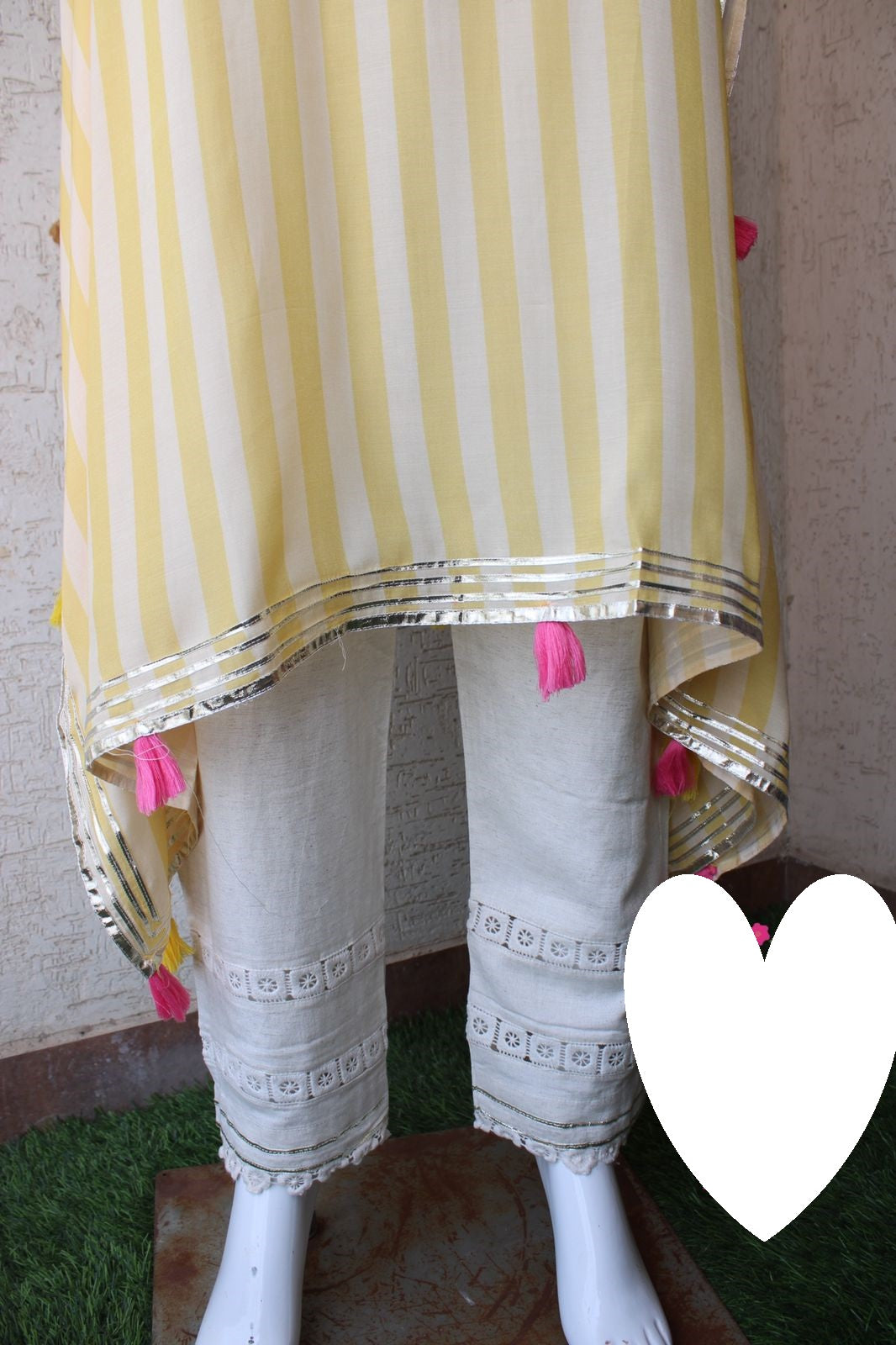 Designer Kaftan, Pure Muslin Ready To Wear Printed Kaftan Dress With Beautiful Thread Gotta Mirror Foil Work On Neckline With Added Tassels, Ready To Wear Pure Khadi Cotton Pants