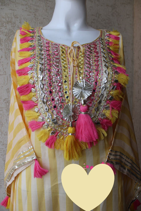 Designer Kaftan, Pure Muslin Ready To Wear Printed Kaftan Dress With Beautiful Thread Gotta Mirror Foil Work On Neckline With Added Tassels, Ready To Wear Pure Khadi Cotton Pants