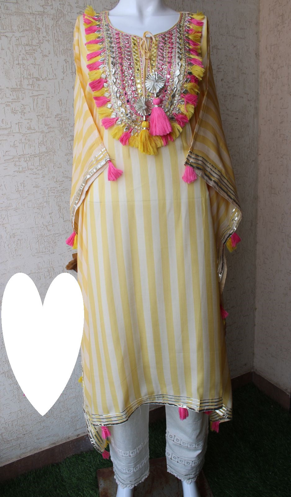 Designer Kaftan, Pure Muslin Ready To Wear Printed Kaftan Dress With Beautiful Thread Gotta Mirror Foil Work On Neckline With Added Tassels, Ready To Wear Pure Khadi Cotton Pants