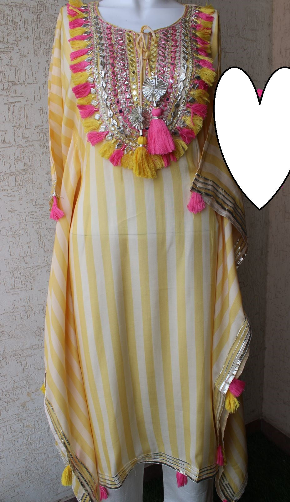 Designer Kaftan, Pure Muslin Ready To Wear Printed Kaftan Dress With Beautiful Thread Gotta Mirror Foil Work On Neckline With Added Tassels, Ready To Wear Pure Khadi Cotton Pants