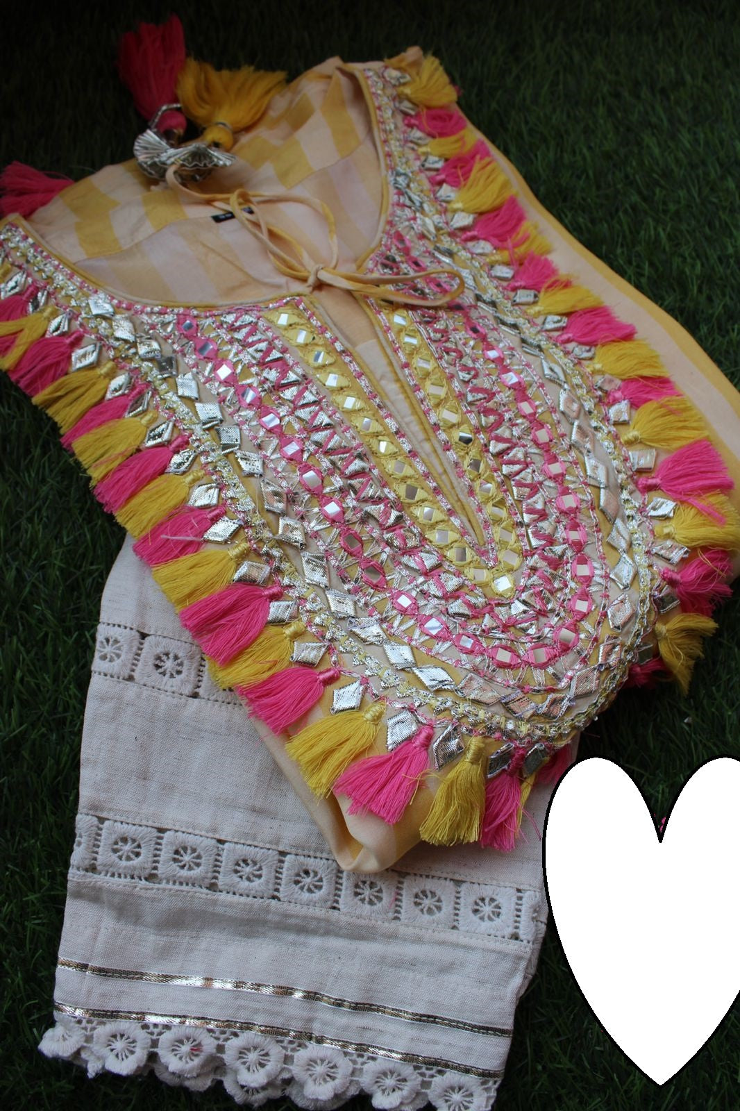 Designer Kaftan, Pure Muslin Ready To Wear Printed Kaftan Dress With Beautiful Thread Gotta Mirror Foil Work On Neckline With Added Tassels, Ready To Wear Pure Khadi Cotton Pants