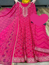 Premium reyon slub bandhani print anarkali gown with beautiful zari embroidery on yoke & sleeves paired with pant & chiffon dupatta