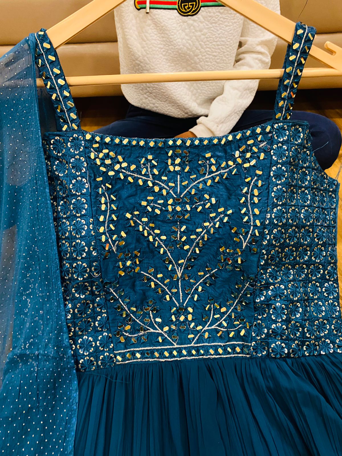 Premium Georgette tier pattern gown with attached sleeves inside  with attached cancan Paired with Georgette duppata  Beautiful foil mirror work on yoke