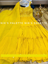 Premium Georgette tier pattern gown with attached sleeves inside  with attached cancan Paired with Georgette duppata  Beautiful foil mirror work on yoke